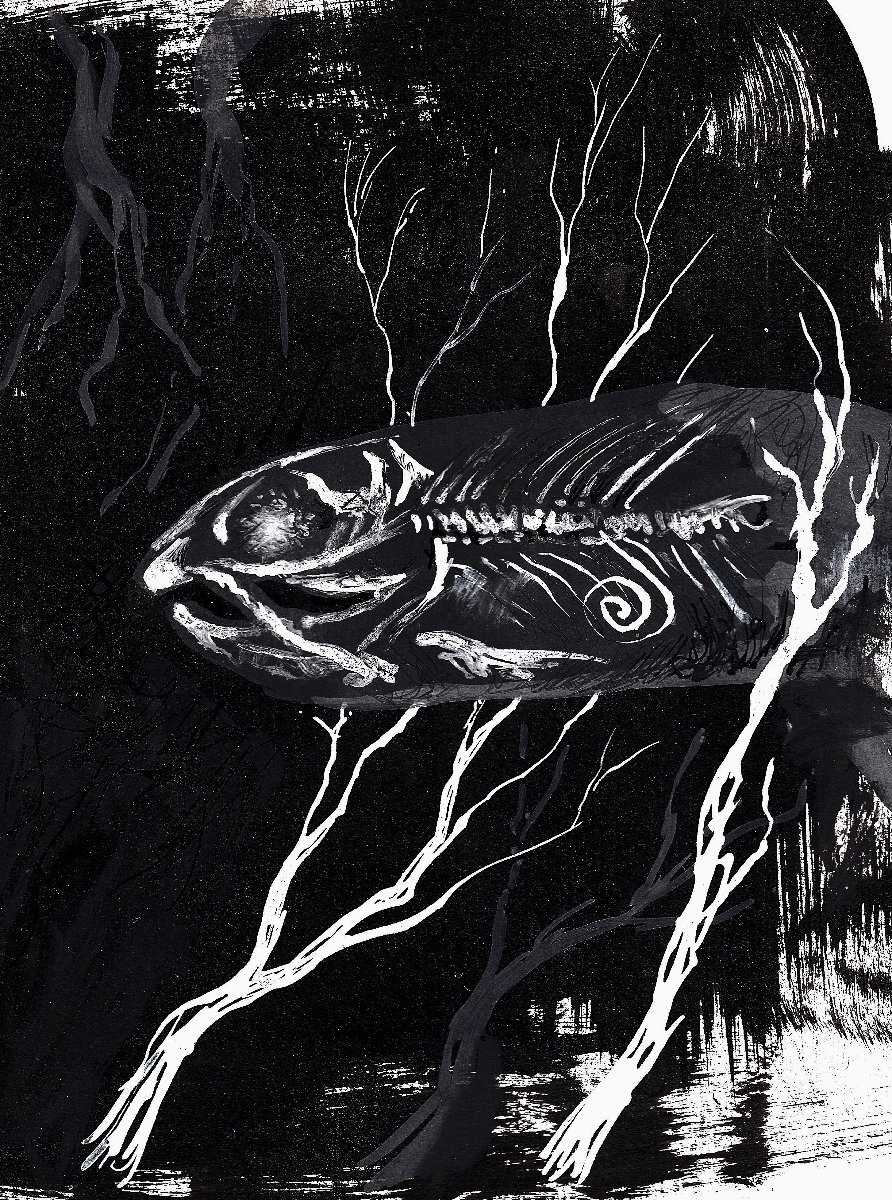 Dream Fish II, ink painting by Zachary Carr, a ghostly fish with a spiral heart