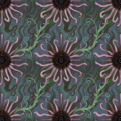 a repeating pattern depicting coneflowers and thorny vines, drawn digitally by Zachary Carr
